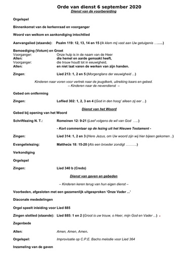 Orde van dienst en zondagsbrief 6 september 2020