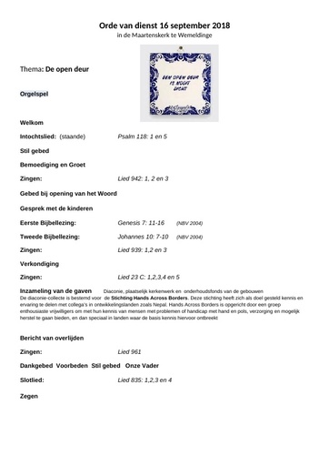 Orde van dienst 16 sept  2018