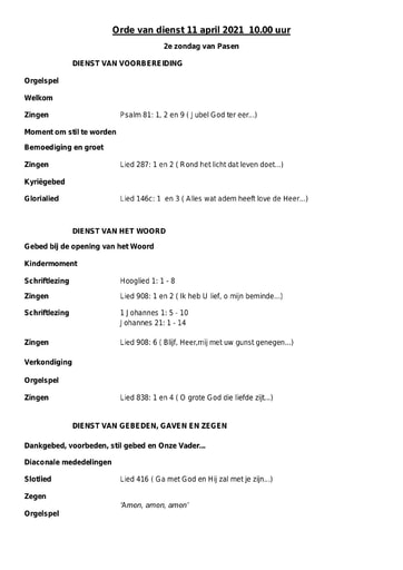 Orde van dienst en zondagsbrief 11 april  2021
