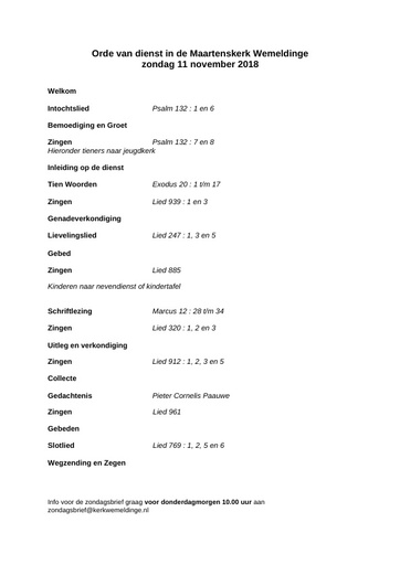 Orde van dienst 11 november 2018