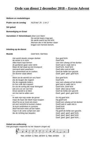 Orde van dienst 2 december 2018 – Eerste Advent