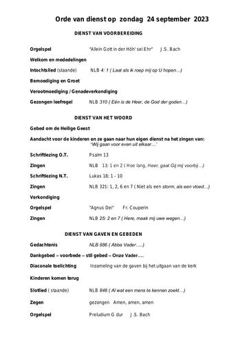 Orde van dienst en zondagsbrief 24 september 2023