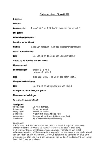 Orde van dienst en zondagsbrief 30 mei 2021