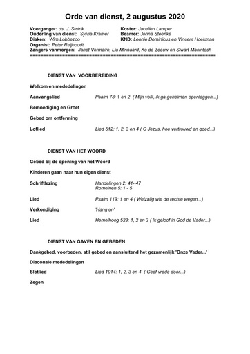 Orde van dienst en zondagsbrief 2 augustus 2020