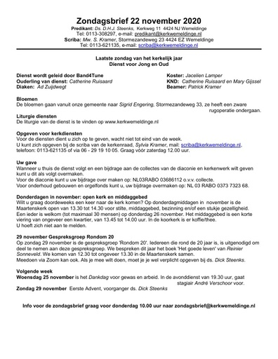 Zondagsbrief 22 november 2020