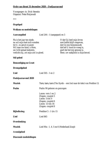 Orde van dienst 31 december 2020 Oudjaarsavond