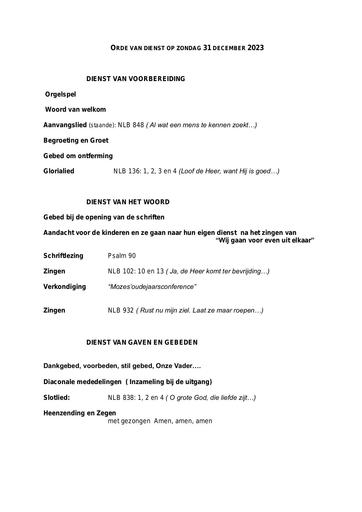 Orde van dienst en zondagsbrief  31 december  2023