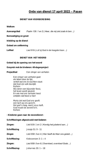 Orde van dienst en zondagsbrief 17 april 2022 pasen