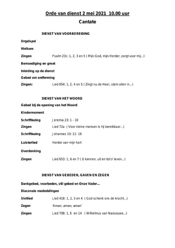 Orde van dienst  en zondagsbrief 2 mei 2021
