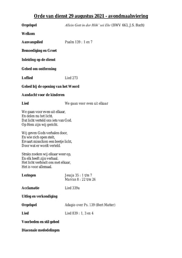 Orde van dienst en zondagsbrrief 29 augustus 2021