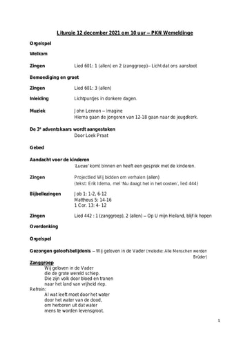 Orde van dienst en zondagsbrief 12 december 2021