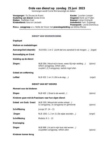 Liturgie en zondagsbrief 25 juni 2023