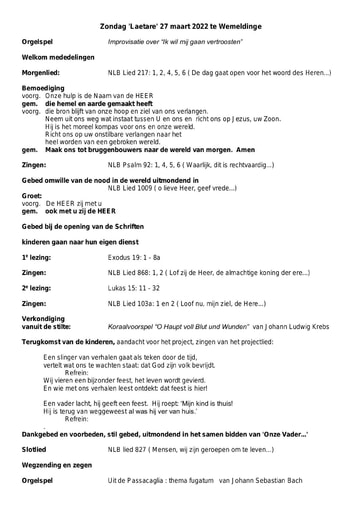 Orde van dienst en zondagsbrief 27 maart 2022