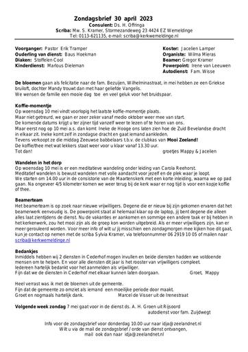 Zondagsbrief  30 april 2023