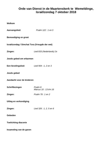 Orde van dienst 7 oktober 2018