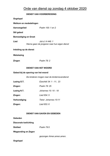 Orde van dienst en zondagsbrief 4 oktober 2020