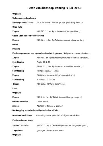 Orde van dienst en zondagsbrief 9 juli 2023