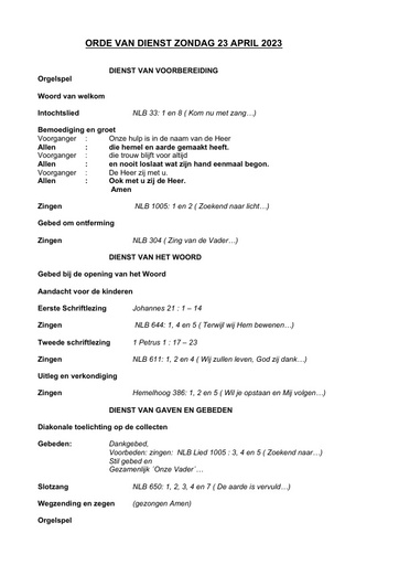 Orde van dienst en zondagsbrief 23 april 2023