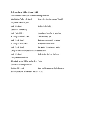 Orde van dienst Biddag 10 maart 2021