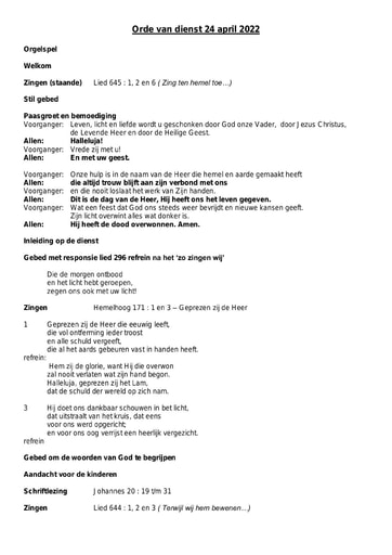 Orde van dienst en zondagsbrief 24 april 2022