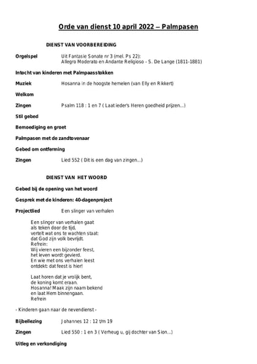Orde van dienst en zondagsbrief 10 april 2022 Palmpasen