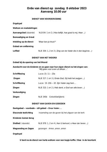 Orde van dienst  en zondagsbrief 8 oktober 2023