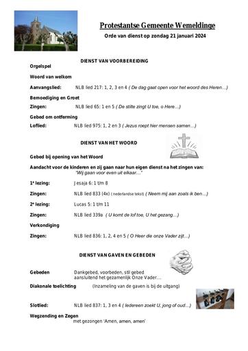 Orde van dienst 21 januari 2024