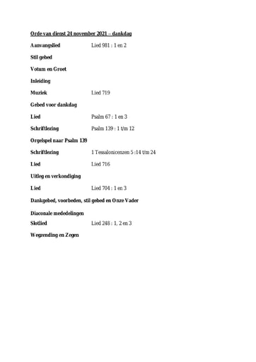 Orde van dienst 24 november 2021 Dankdag