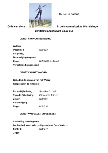 Orde van dienst en Zondagsbrief 6 januari 2018