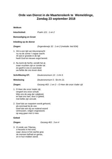 Orde van dienst 23 september 2018