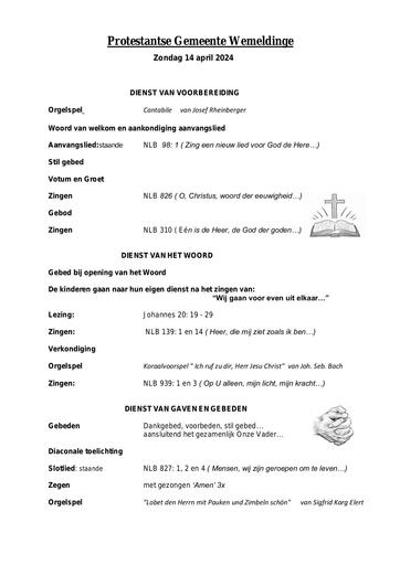 Orde van dienst 14 april  2024