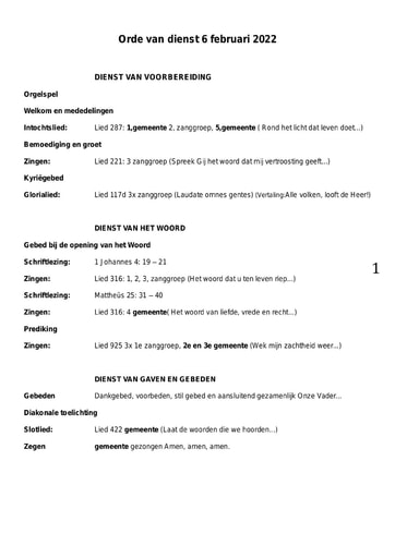 Orde van dienst en zondagsbrief 6 februari 2022