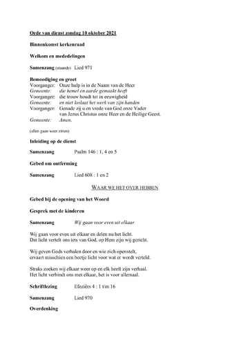 Orde van dienst 10 oktober 2021