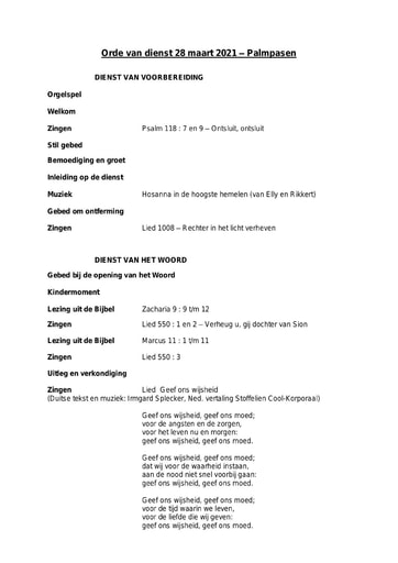 Orde van dienst en zondagsbrief 28 maart 2021