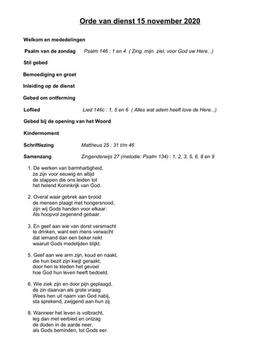 Orde van dienst  zondagsbrief 15 november 2020