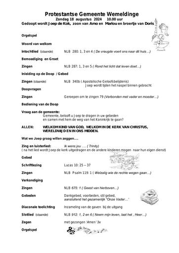 Orde van dienst 18 augustus 2024 doopdienst