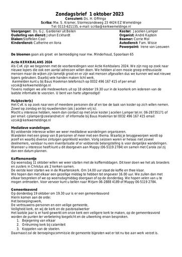 Zondagsbrief  1 oktober 2023