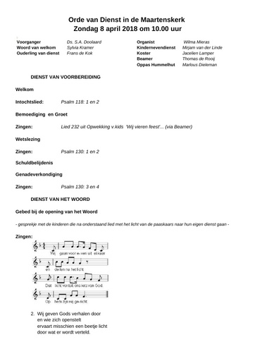 Orde van Dienstzondagsbrief 8 april 2018