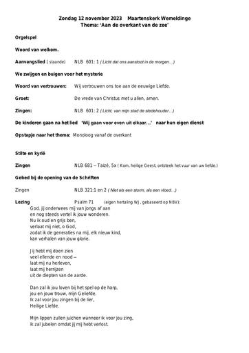 Orde van dienst en zondagsbrief 12 november 2023