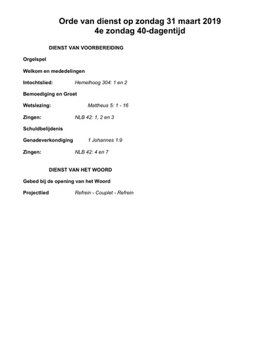 Orde van dienst 31 maart 2019