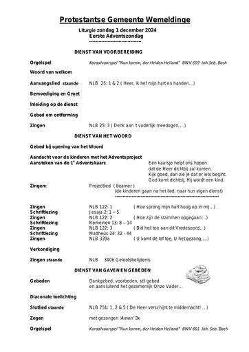 Orde van dienst 1 december 2024