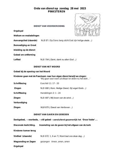 Orde van dienst en zondagsbrief 28 mei 2023
