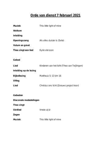 Orde van dienst en zondagsbrief 7 februari 2021