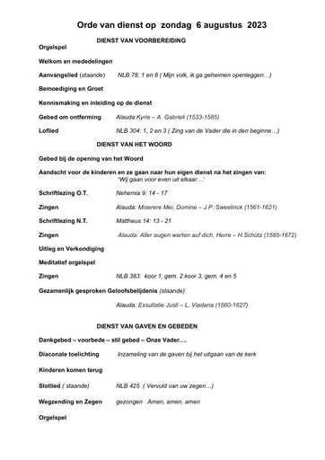 Orde van dienst en zondagsbrief 6  augustus 2023