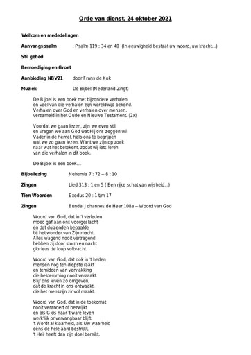 Orde van dienst en zondagsbrief 24 oktober 2021