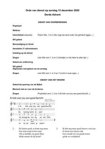 Orde van dienst en zondagsbrief 13 december 2020