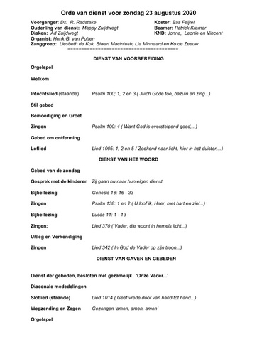 Orde van dienst en zondagsbrief  23 augustus 2020[1]