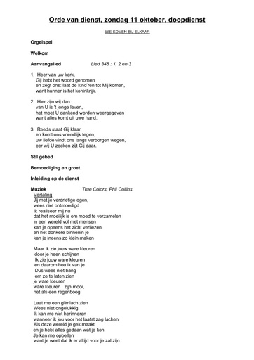 Orde van dienst en zondagsbrief 11 oktober 2020