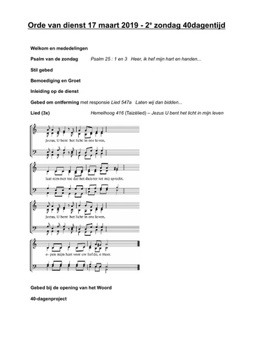 Orde van dienst 17 maart 2019