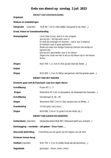 Liturgie en zondagsbrief 2 juli